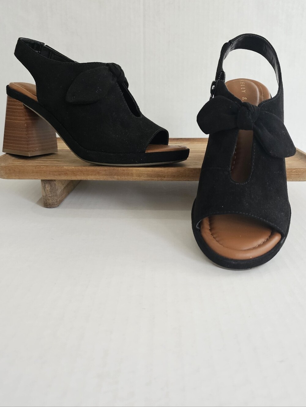 Kelly & Katie Slingback Sandals Size 7 Black Suede Block Heel Bow Side Zipper